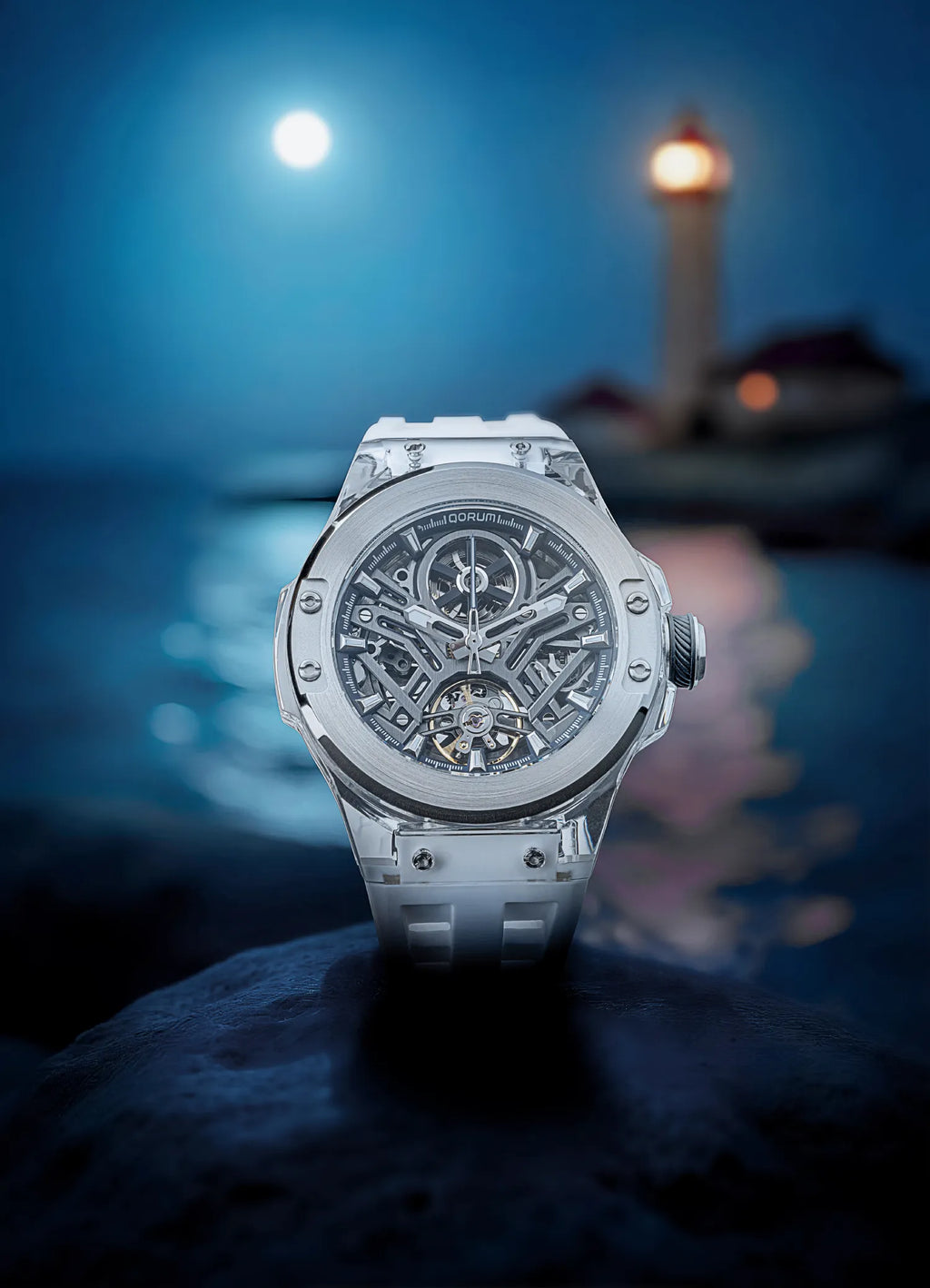 Qorum Equinox Men’s Automatic Skeleton Watch – Steel Finish Dial, Blue Detailing, White Silicon Strap