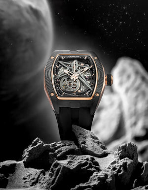 Qorum Equinox Men’s Automatic Skeleton Watch - Black Dial, Rose Gold Detailing, Black Silicon strap