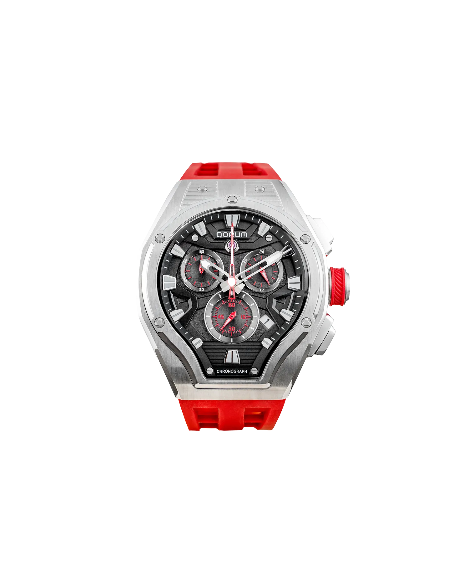 Qorum Equinox Men’s Chronograph Watch - Red Dial, Silver Detailing, Red Silicon Strap