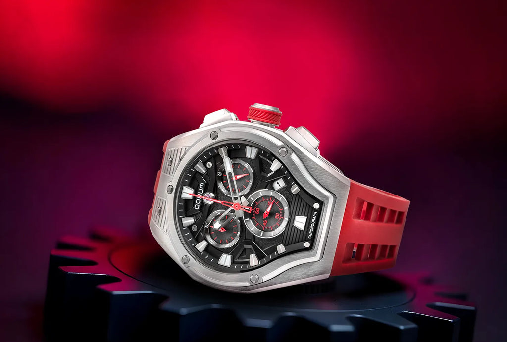 Qorum Equinox Men’s Chronograph Watch - Red Dial, Silver Detailing, Red Silicon Strap