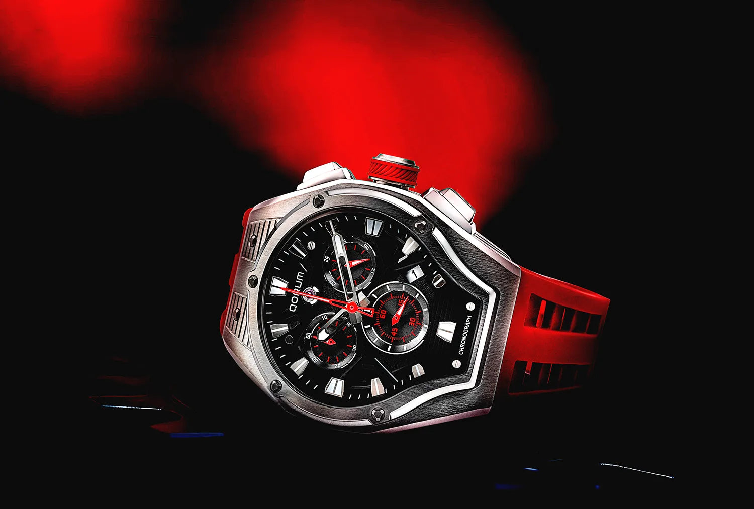 Qorum Equinox Men’s Chronograph Watch - Red Dial, Silver Detailing, Red Silicon Strap