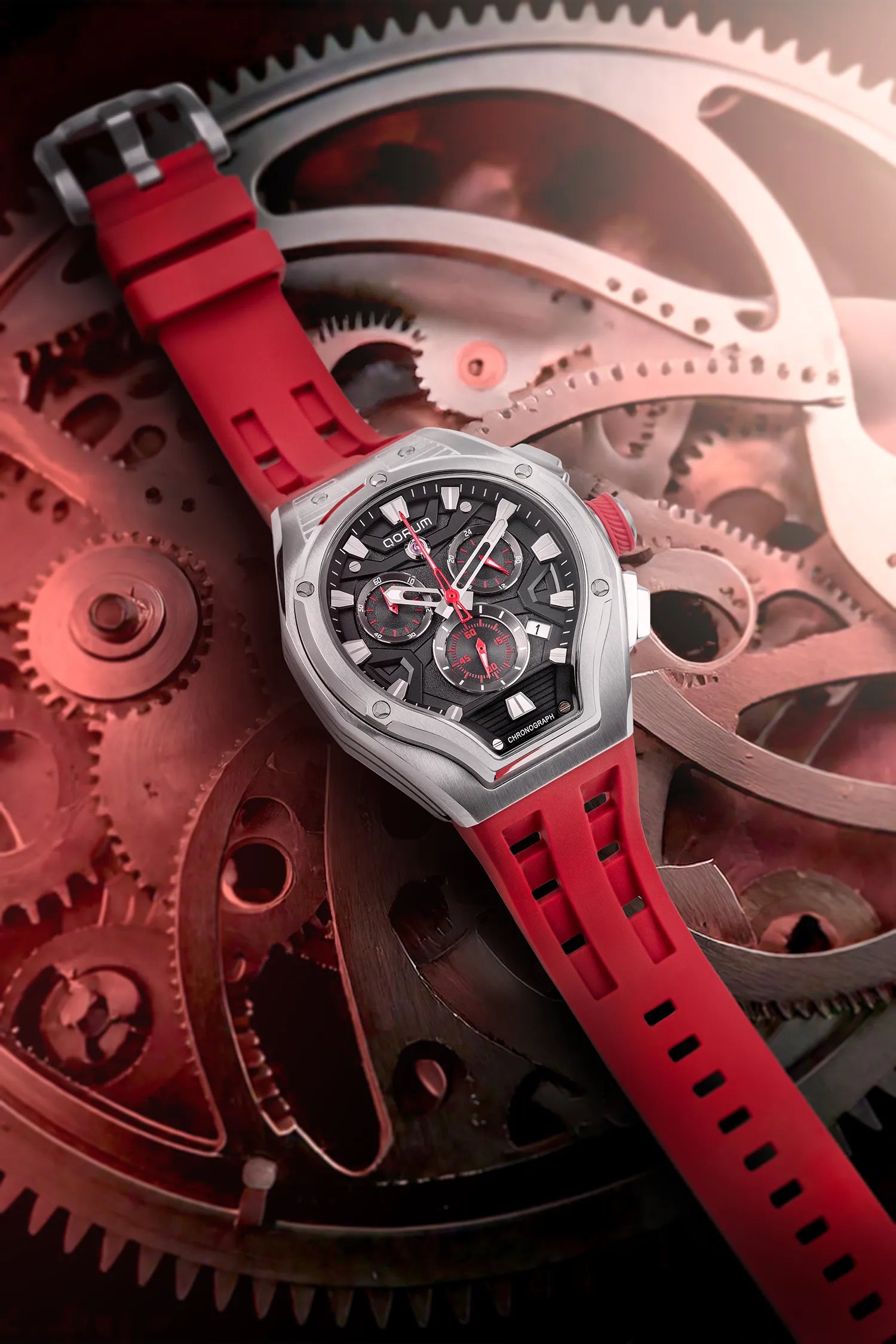 Qorum Equinox Men’s Chronograph Watch - Red Dial, Silver Detailing, Red Silicon Strap