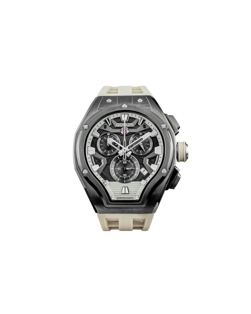 Qorum Equinox Men’s Chronograph Watch - Black Dial, Gun Metal Detailing, Off-White Silicon Strap
