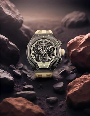 Qorum Equinox Men’s Chronograph Watch - Black Dial, Gun Metal Detailing, Off-White Silicon Strap