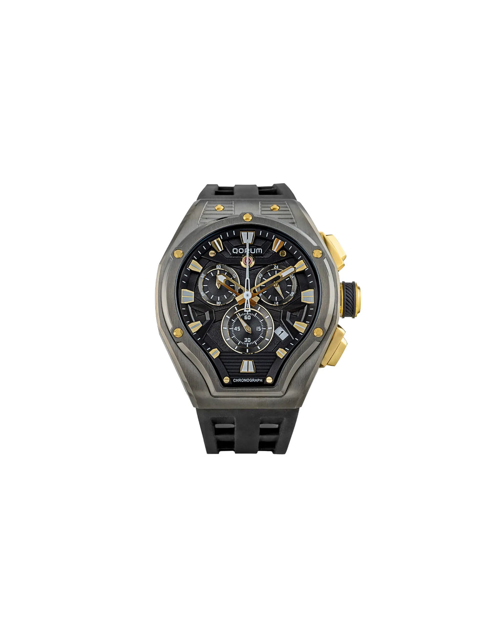 Qorum Equinox Men’s Chronograph Watch - Black Dial, Rose Gold Detailing, Black Silicon Strap
