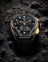 Qorum Equinox Men’s Chronograph Watch - Black Dial, Rose Gold Detailing, Black Silicon Strap