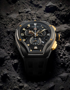 Qorum Equinox Men’s Chronograph Watch - Black Dial, Rose Gold Detailing, Black Silicon Strap