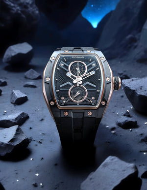 Qorum Equinox Men’s Multi-Function Skeleton Watch - Black Dial, Rose Gold Detailing, Black Silicon strap