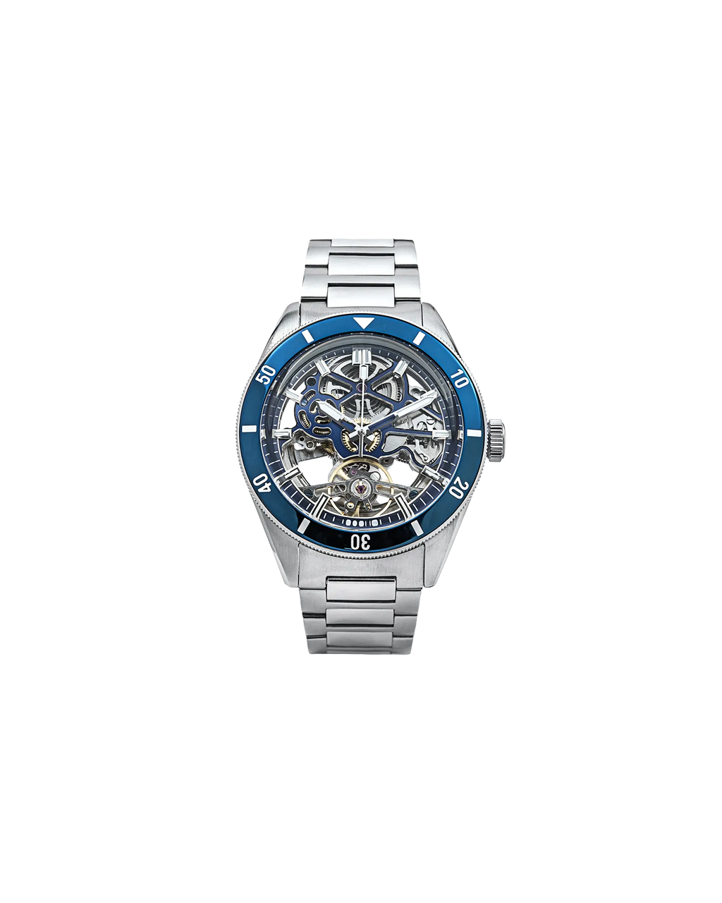 Qorum Equinox Men’s Automatic Skeleton Watch – Steel Finish Dial, Blue Bezel, Stainless Steel Strap