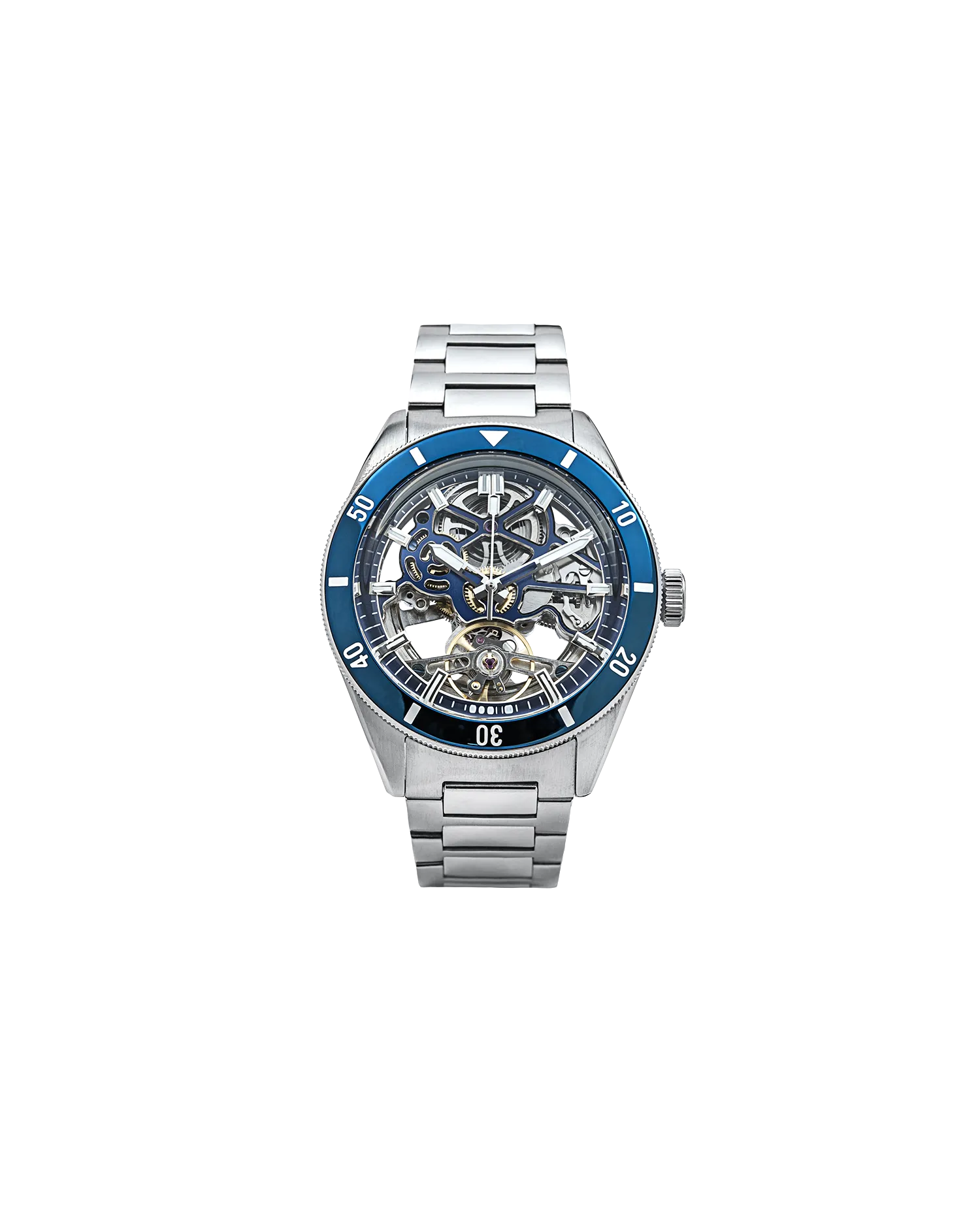 Qorum Equinox Men’s Automatic Skeleton Watch – Steel Finish Dial, Blue Bezel, Stainless Steel Strap