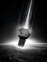 Qorum Equinox Men’s Automatic Skeleton Watch - Black Dial, Square Black Case, Black Silicon Strap