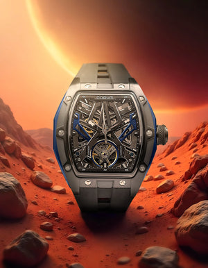 Qorum Equinox Men’s Automatic Skeleton Watch - Black Dial with Blue Detailing, Black silicon strap
