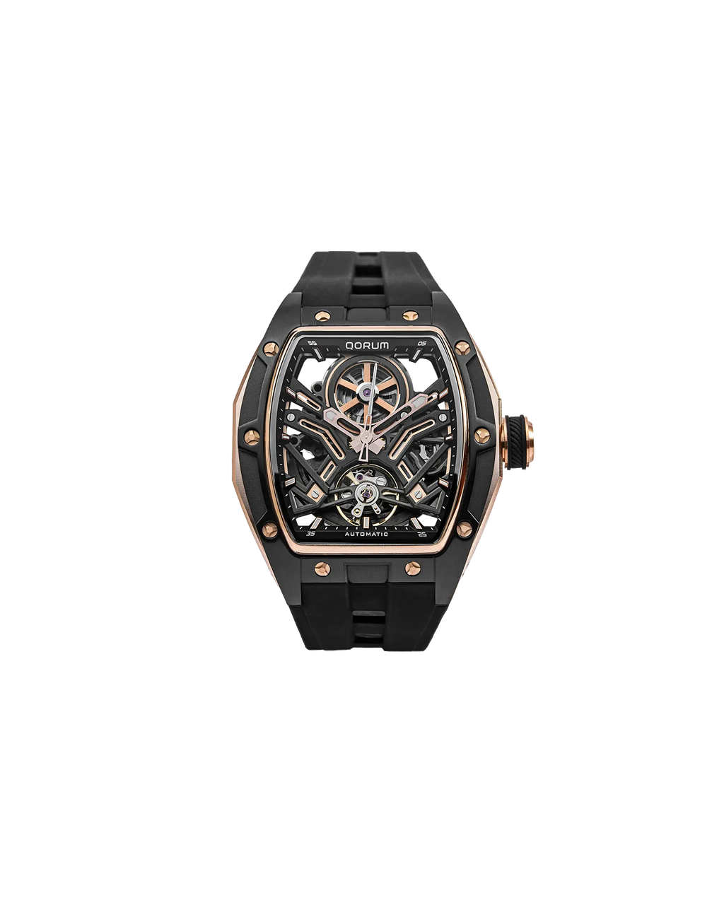 Qorum Equinox Men’s Automatic Skeleton Watch - Black Dial with Rose Gold Detailing, Black silicon strap
