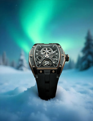 Qorum Equinox Men’s Automatic Skeleton Watch - Black Dial with Rose Gold Detailing, Black silicon strap