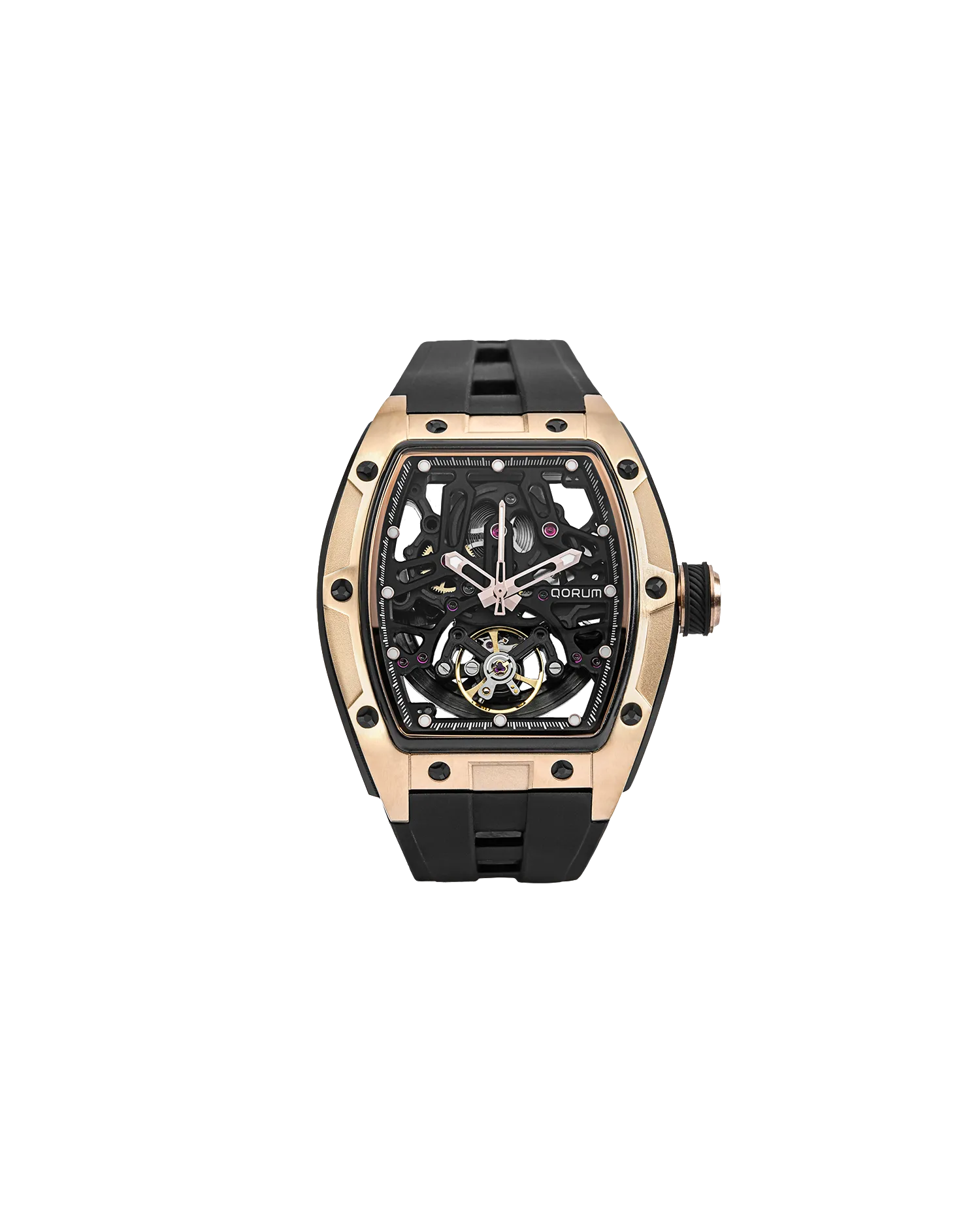 Qorum Equinox Men’s Multi-Function Skeleton Watch – Black Dial, Rose Gold Detailing, Black Silicon Strap