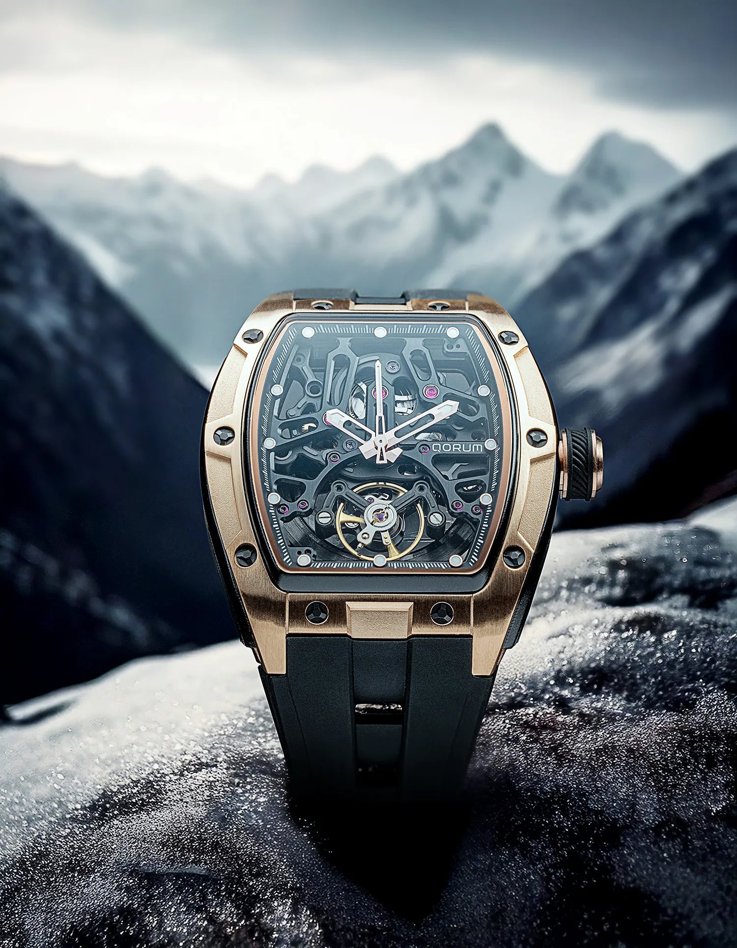 Qorum Equinox Men’s Multi-Function Skeleton Watch – Black Dial, Rose Gold Detailing, Black Silicon Strap