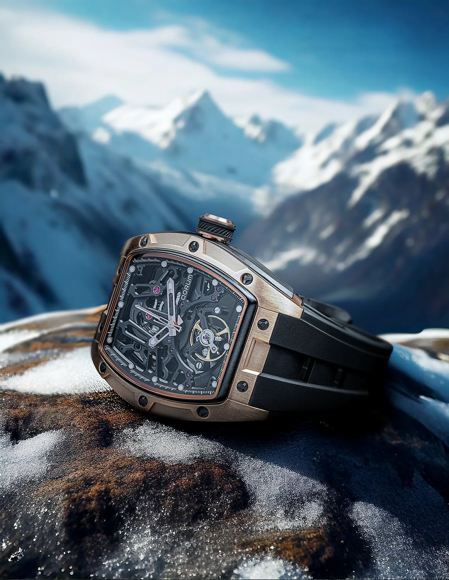 Qorum Equinox Men’s Multi-Function Skeleton Watch – Black Dial, Rose Gold Detailing, Black Silicon Strap
