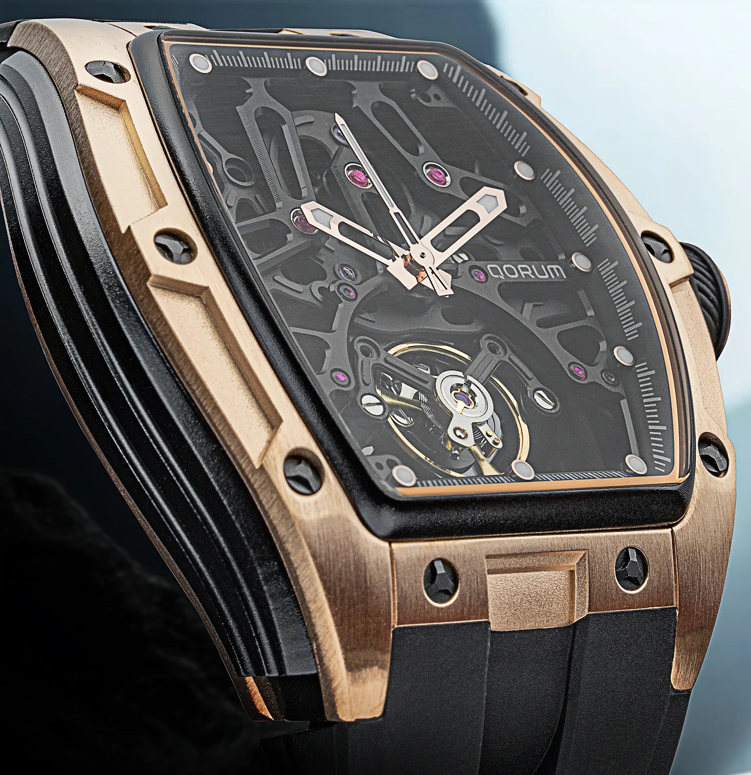 Qorum Equinox Men’s Multi-Function Skeleton Watch – Black Dial, Rose Gold Detailing, Black Silicon Strap