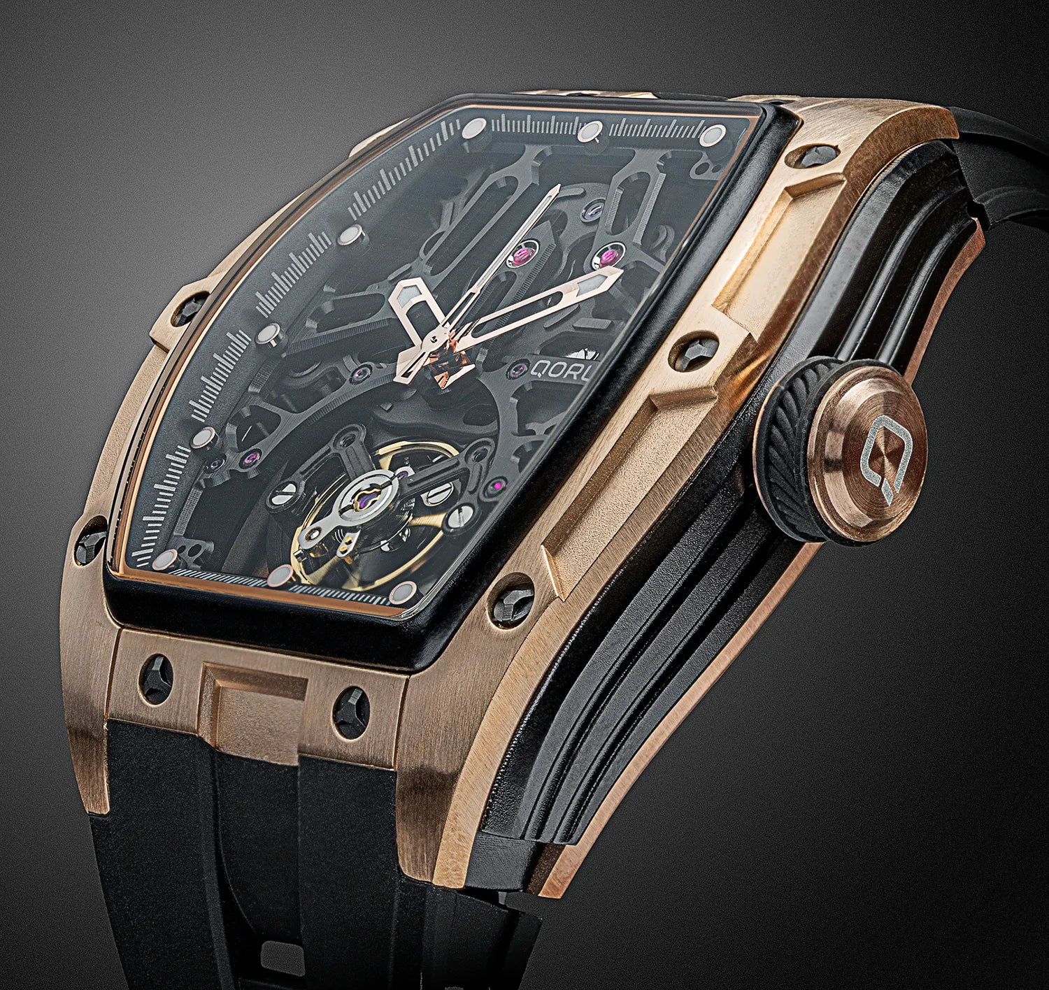 Qorum Equinox Men’s Multi-Function Skeleton Watch – Black Dial, Rose Gold Detailing, Black Silicon Strap