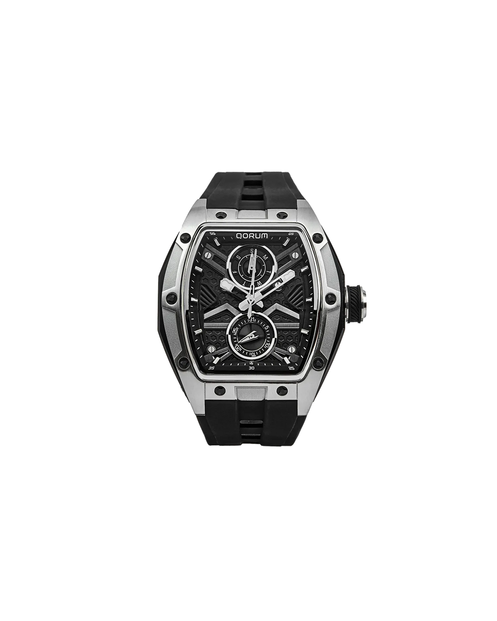 Qorum Equinox Men’s Multi-Function Skeleton Watch - Black Dial, Silver Detailing, Black Silicon strap