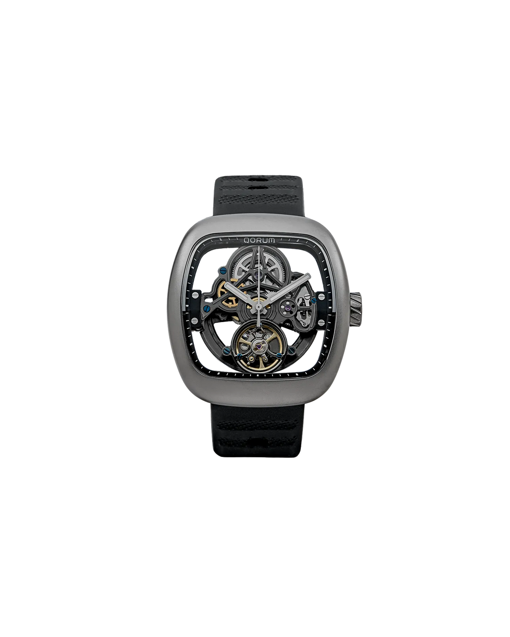 Qorum Equinox Men’s Automatic Skeleton Watch - Black Dial, Square Carbon Finish Case, Black Silicon Strap
