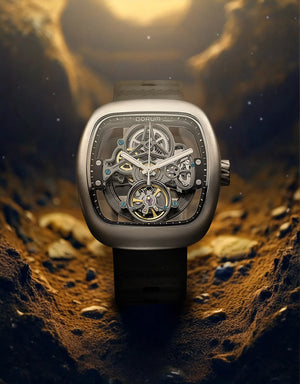 Qorum Equinox Men’s Automatic Skeleton Watch - Black Dial, Square Carbon Finish Case, Black Silicon Strap