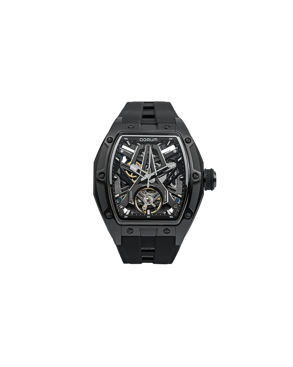 Qorum Equinox Men’s Automatic Skeleton Watch - Black Dial, Black silicon strap