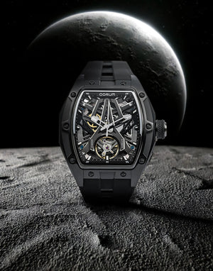 Qorum Equinox Men’s Automatic Skeleton Watch - Black Dial, Black silicon strap