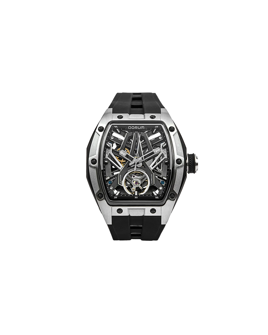 Qorum Equinox Men’s Automatic Skeleton Watch - Black Dial with Silver Detailing, Black silicon strap 9191G-1
