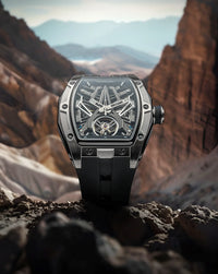 Qorum Equinox Men’s Automatic Skeleton Watch - Black Dial with Silver Detailing, Black silicon strap 9191G-1