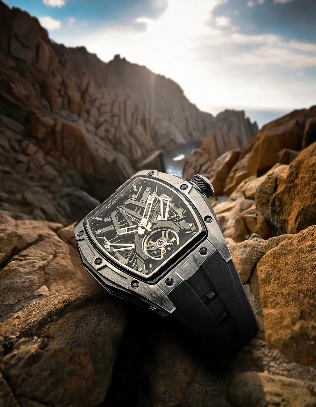 Qorum Equinox Men’s Automatic Skeleton Watch - Black Dial with Silver Detailing, Black silicon strap 9191G-1