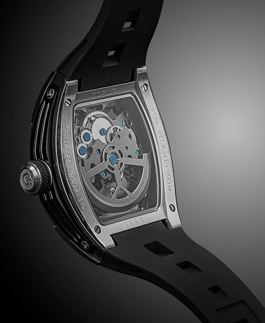 Qorum Equinox Men’s Automatic Skeleton Watch - Black Dial with Silver Detailing, Black silicon strap 9191G-1