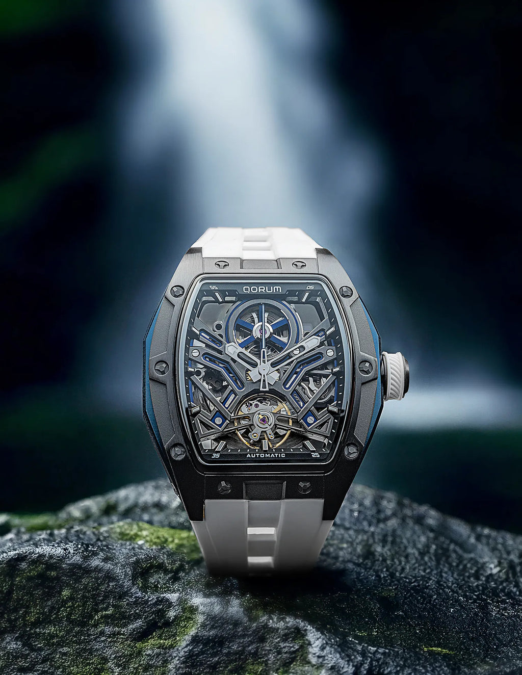 Qorum Equinox Men’s Automatic Skeleton Watch - Black Dial with Blue Detailing, White silicon strap