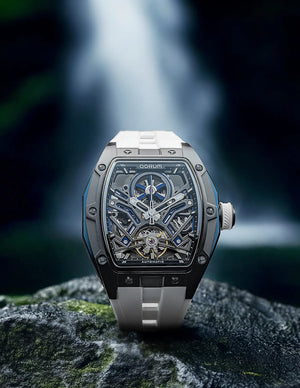 Qorum Equinox Men’s Automatic Skeleton Watch - Black Dial with Blue Detailing, White silicon strap
