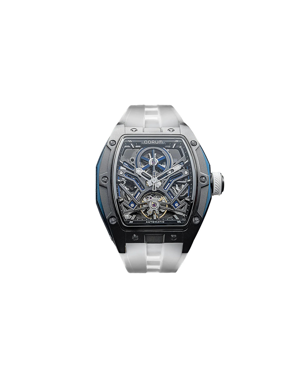Qorum Equinox Men’s Automatic Skeleton Watch - Black Dial with Blue Detailing, White silicon strap