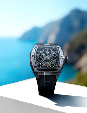 Qorum Equinox Men’s Automatic Skeleton Watch - Black Dial with Silver Detailing, Black silicon strap