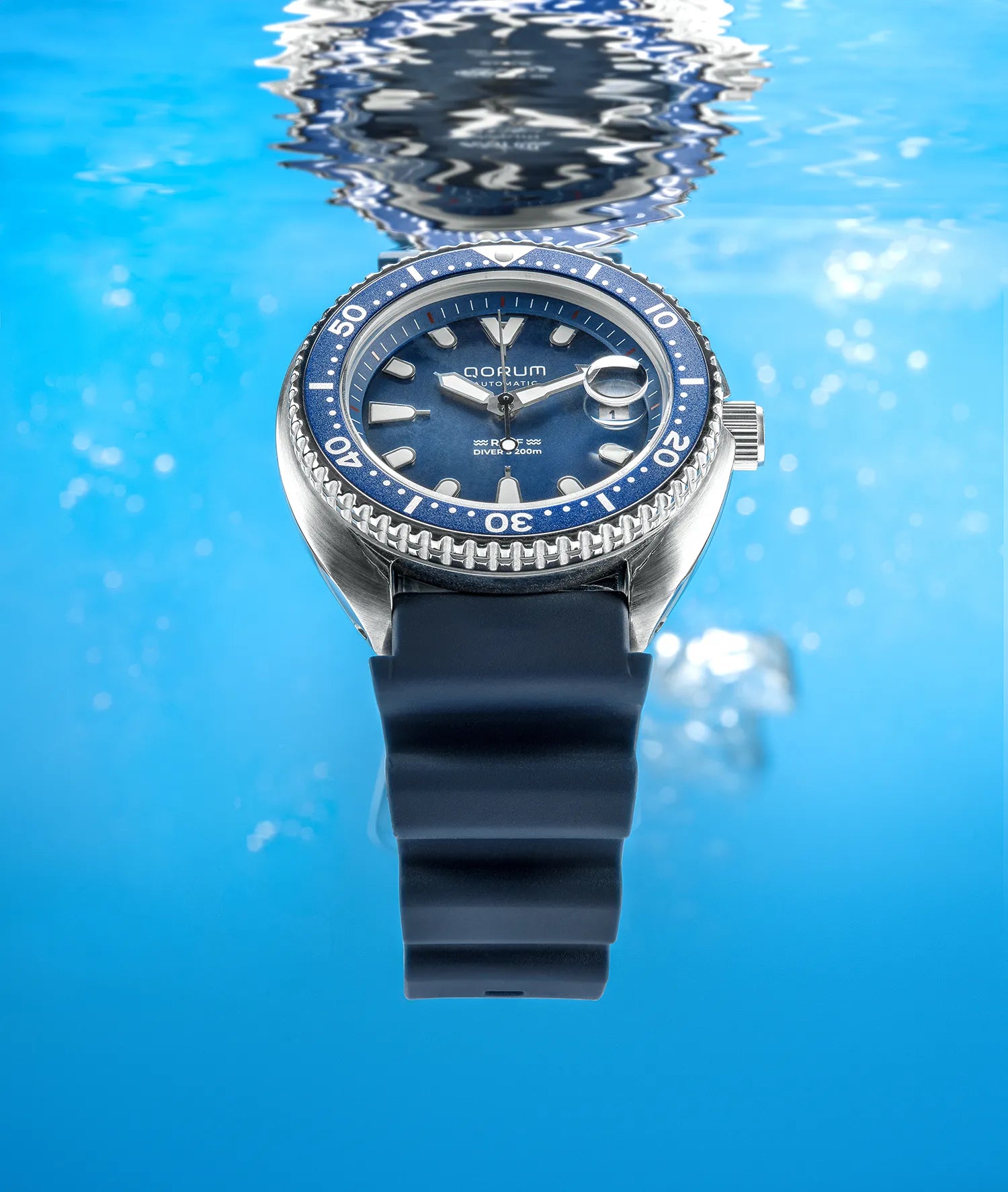 Qorum Reef Men’s Automatic Watch – Royal Blue Dial, Date Display, Silicon Strap