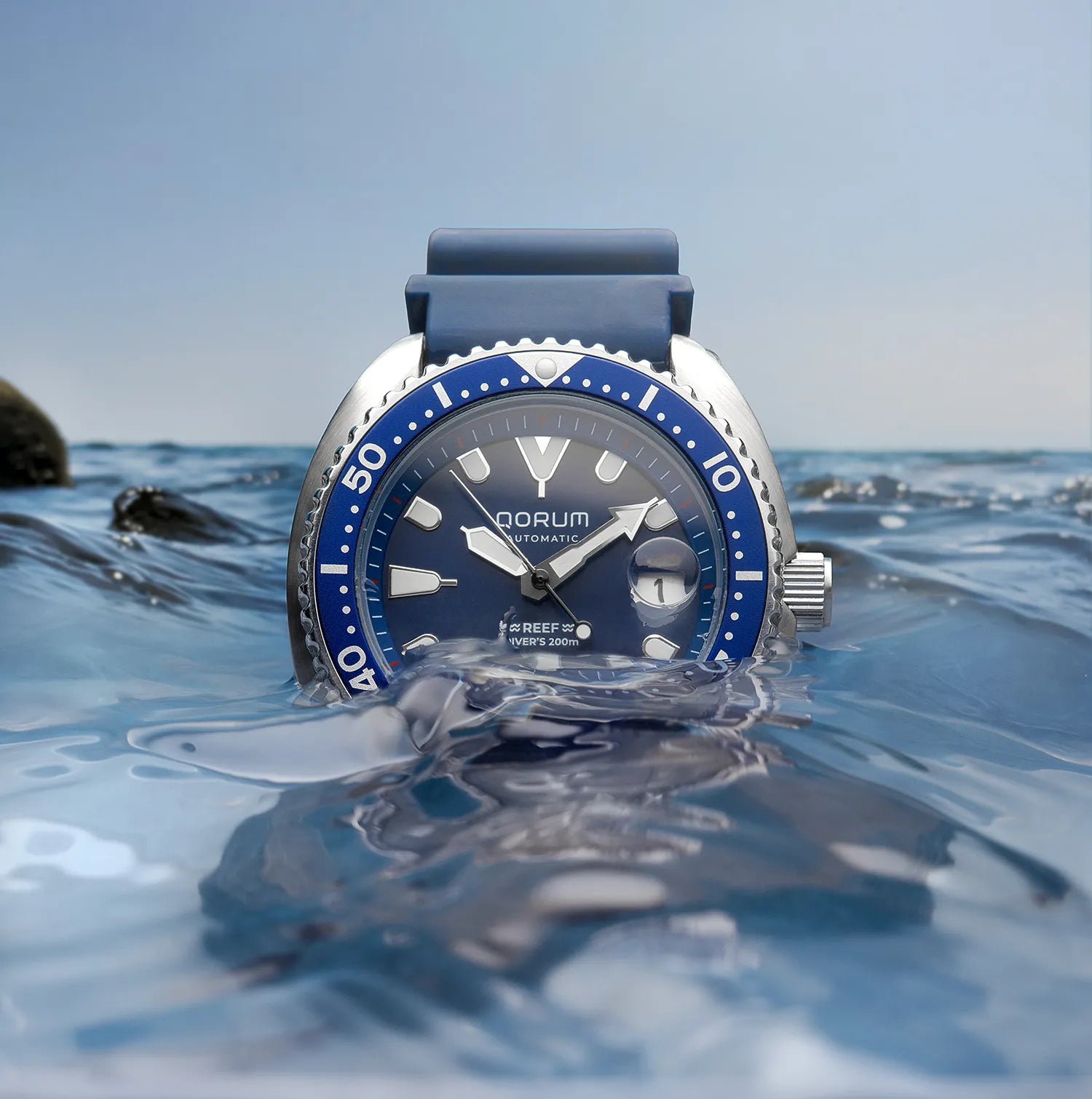 Qorum Reef Men’s Automatic Watch – Royal Blue Dial, Date Display, Silicon Strap