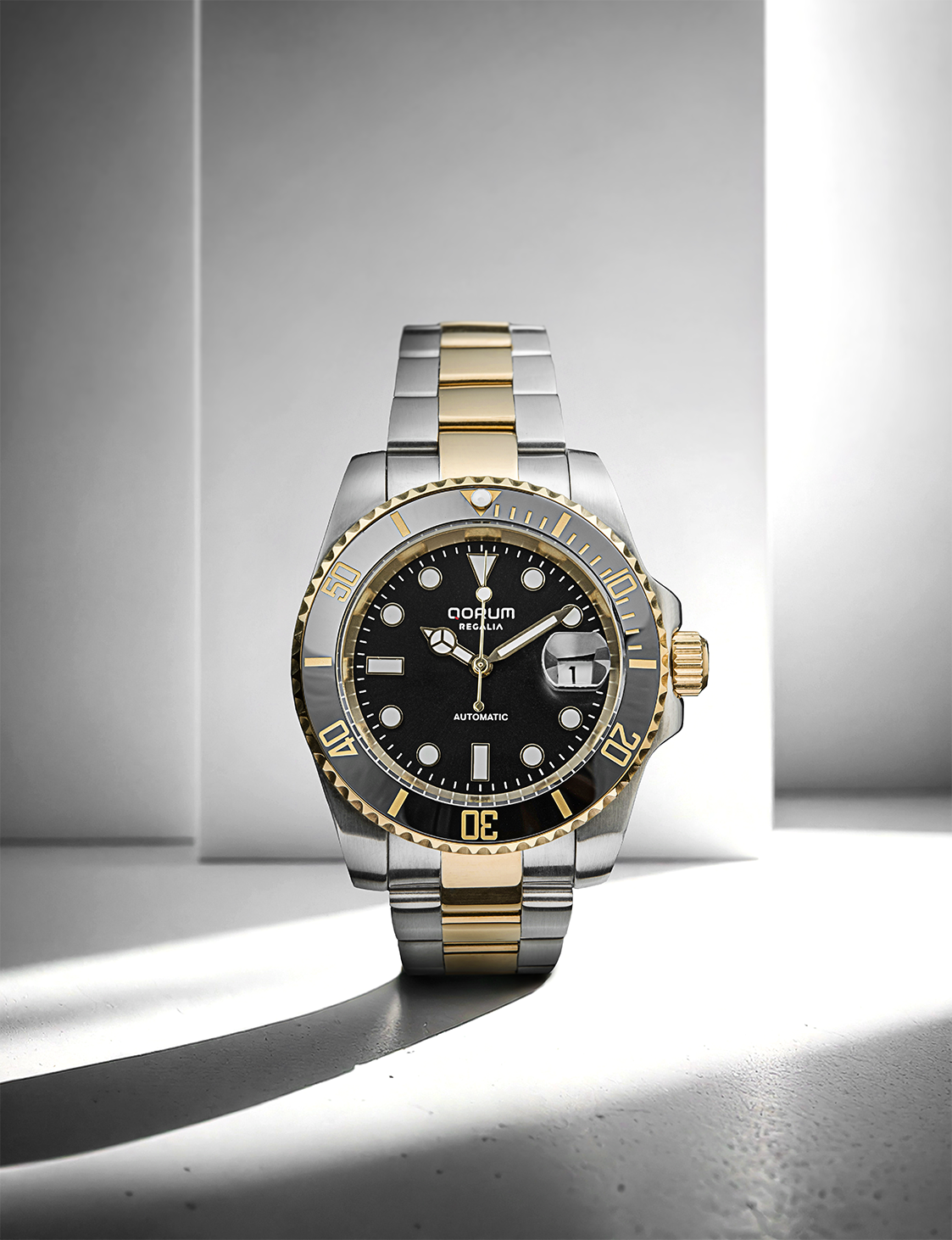 Qorum Regalia Men’s Automatic Watch - Black Dial, Date display, Two-tone Gold plated Stainless Steel Strap
