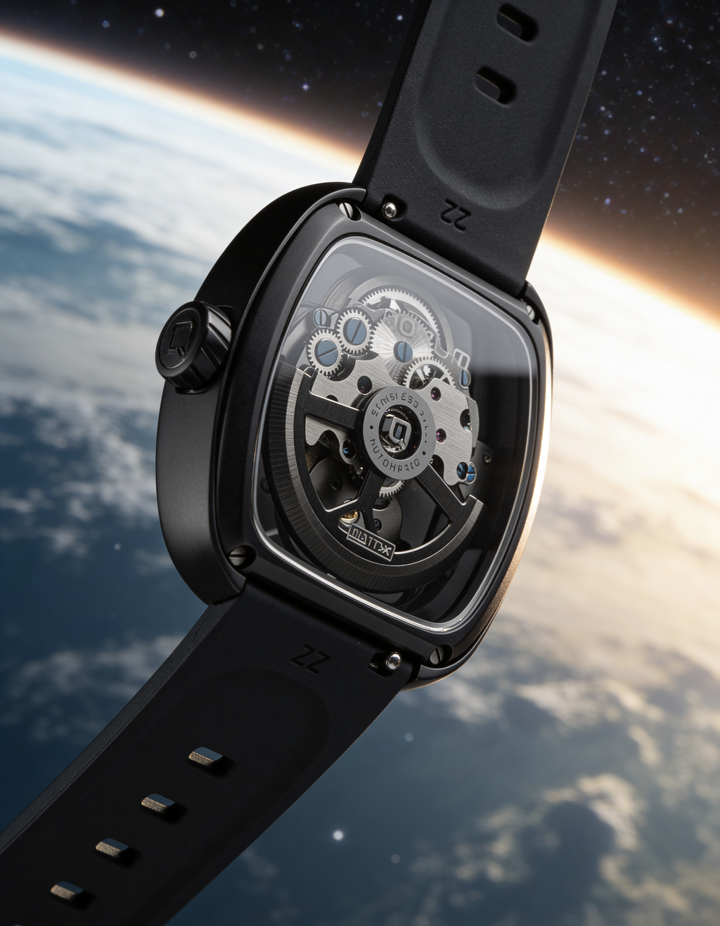 Qorum Equinox Men’s Automatic Skeleton Watch - Black Dial, Square Black Case, Black Silicon Strap