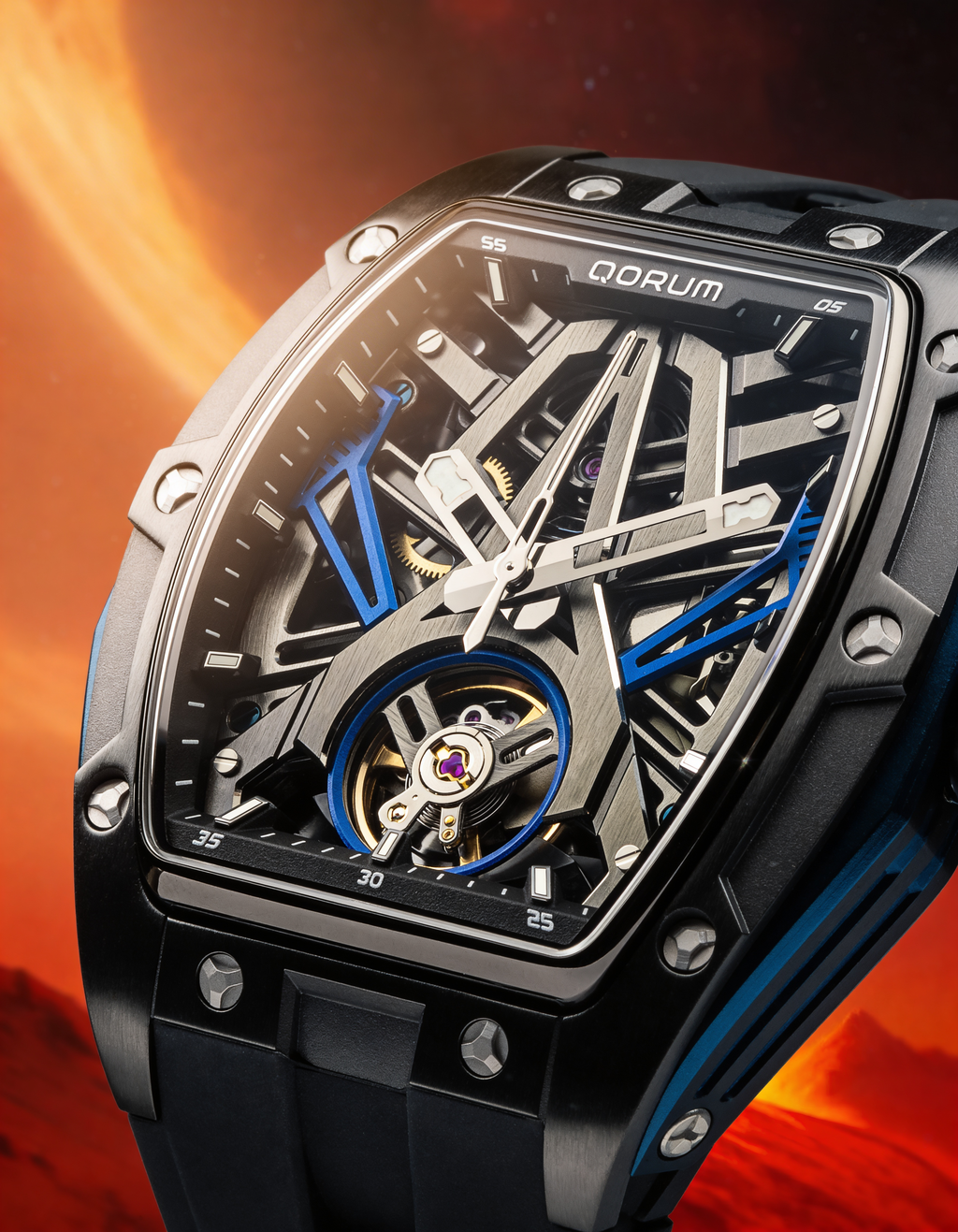 Qorum Equinox Men’s Automatic Skeleton Watch - Black Dial with Blue Detailing, Black silicon strap