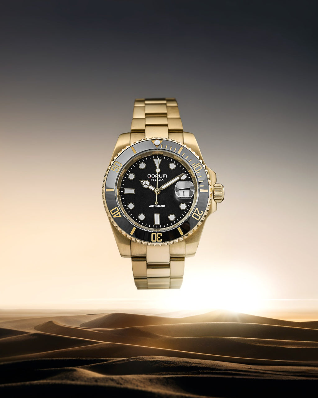 Qorum Regalia Men’s Automatic Watch - Black Dial, Date Display, Gold plated Stainless Steel Strap