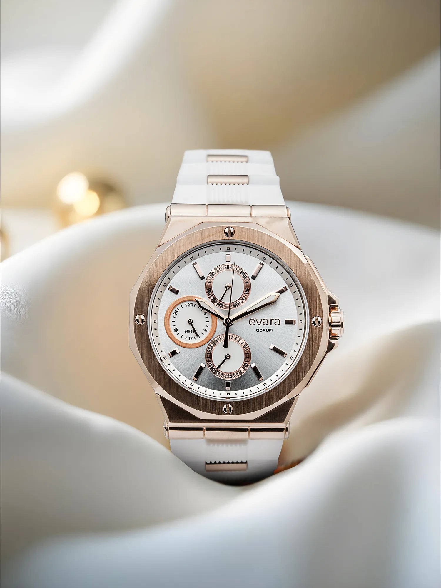 Qorum Evara Ladies Multi-function Watch – White Dial, Gold Plated Stainless Steel Case, White Silicon Strap