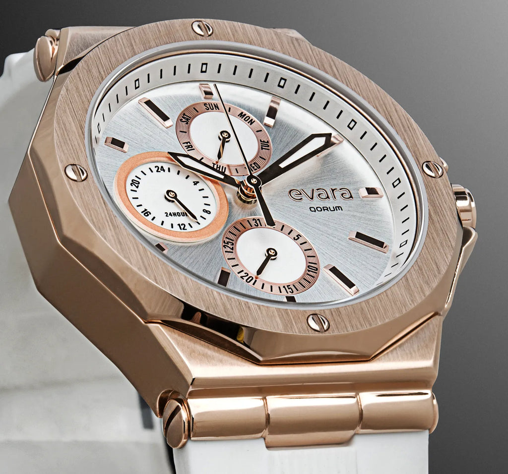 Qorum Evara Ladies Multi-function Watch – White Dial, Gold Plated Stainless Steel Case, White Silicon Strap