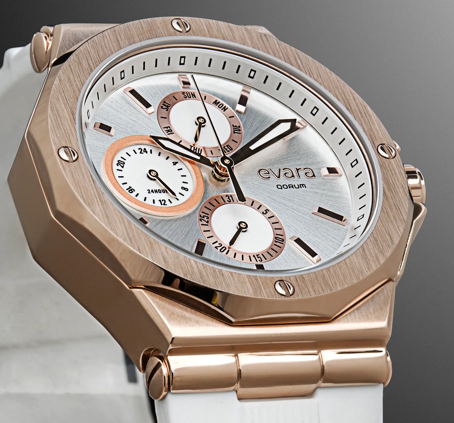 Qorum Evara Ladies Multi-function Watch – White Dial, Gold Plated Stainless Steel Case, White Silicon Strap