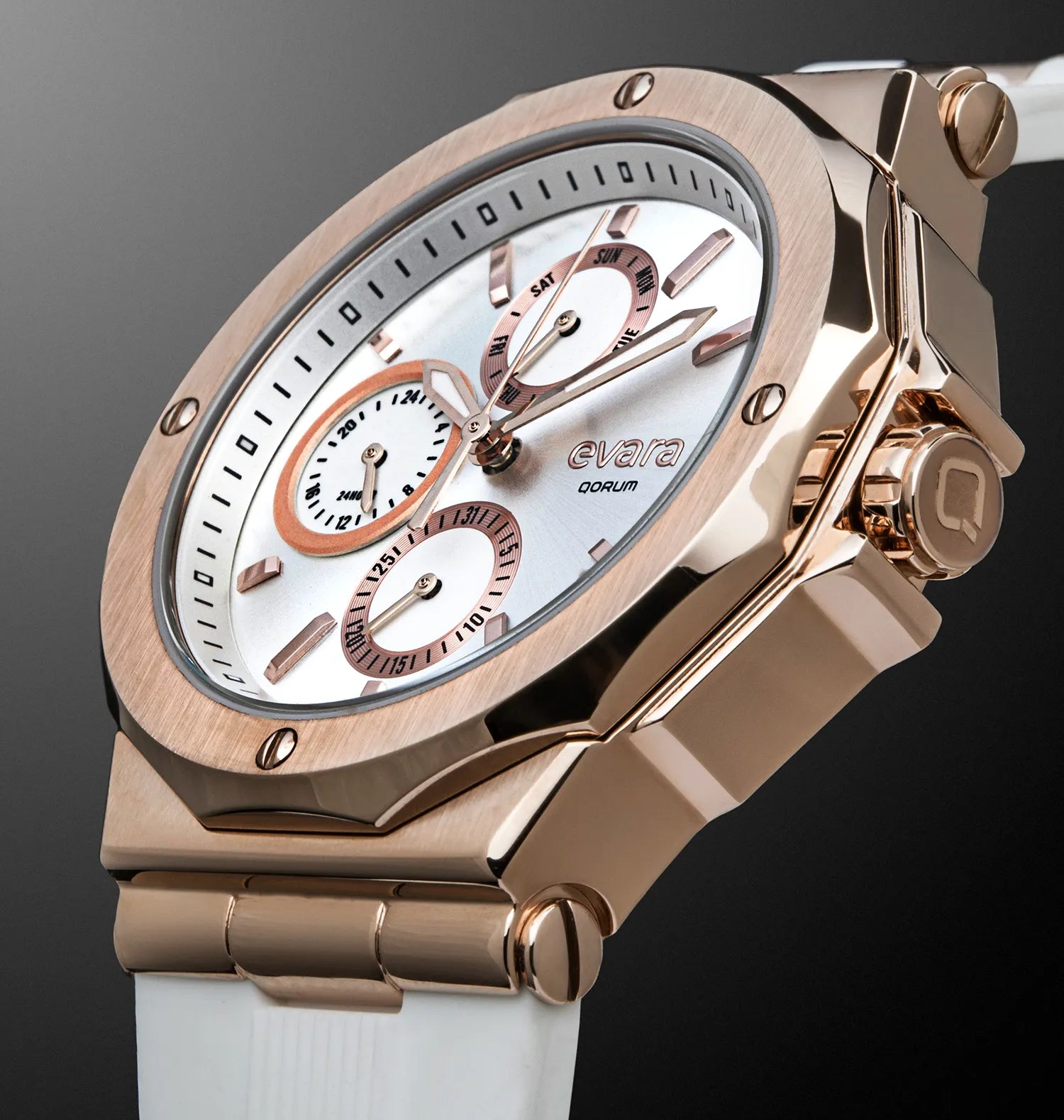 Qorum Evara Ladies Multi-function Watch – White Dial, Gold Plated Stainless Steel Case, White Silicon Strap