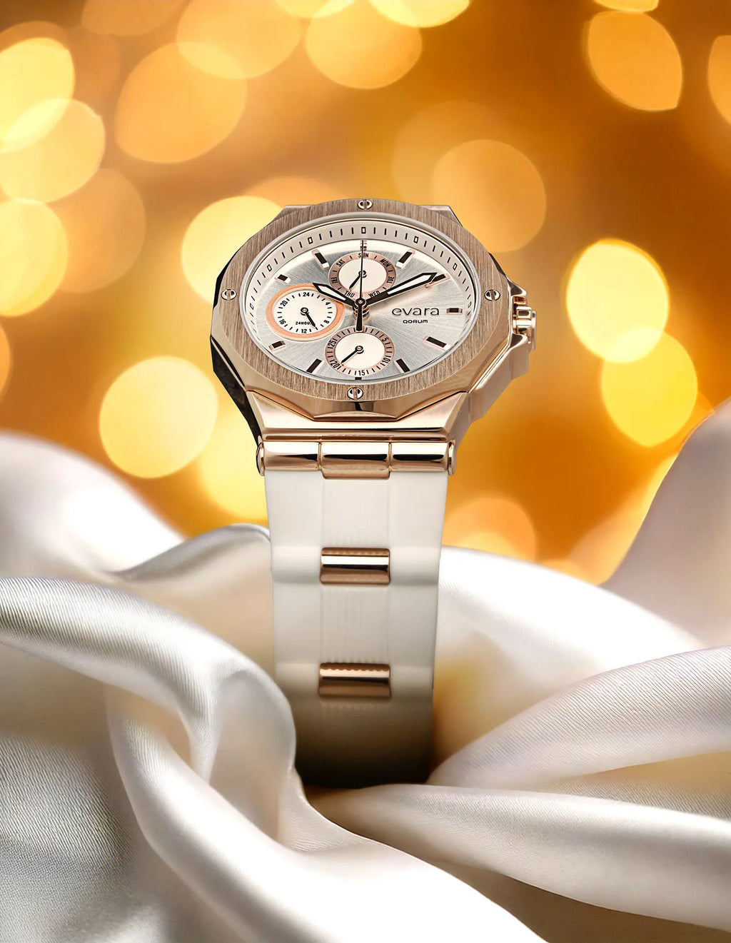 Qorum Evara Ladies Multi-function Watch – White Dial, Gold Plated Stainless Steel Case, White Silicon Strap