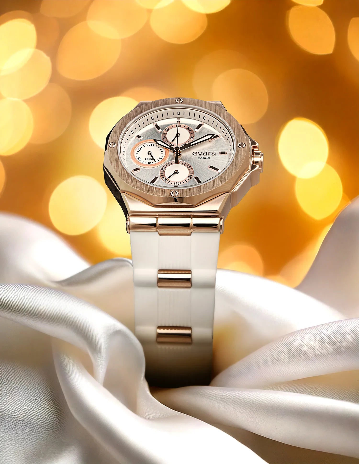 Qorum Evara Ladies Multi-function Watch – White Dial, Gold Plated Stainless Steel Case, White Silicon Strap