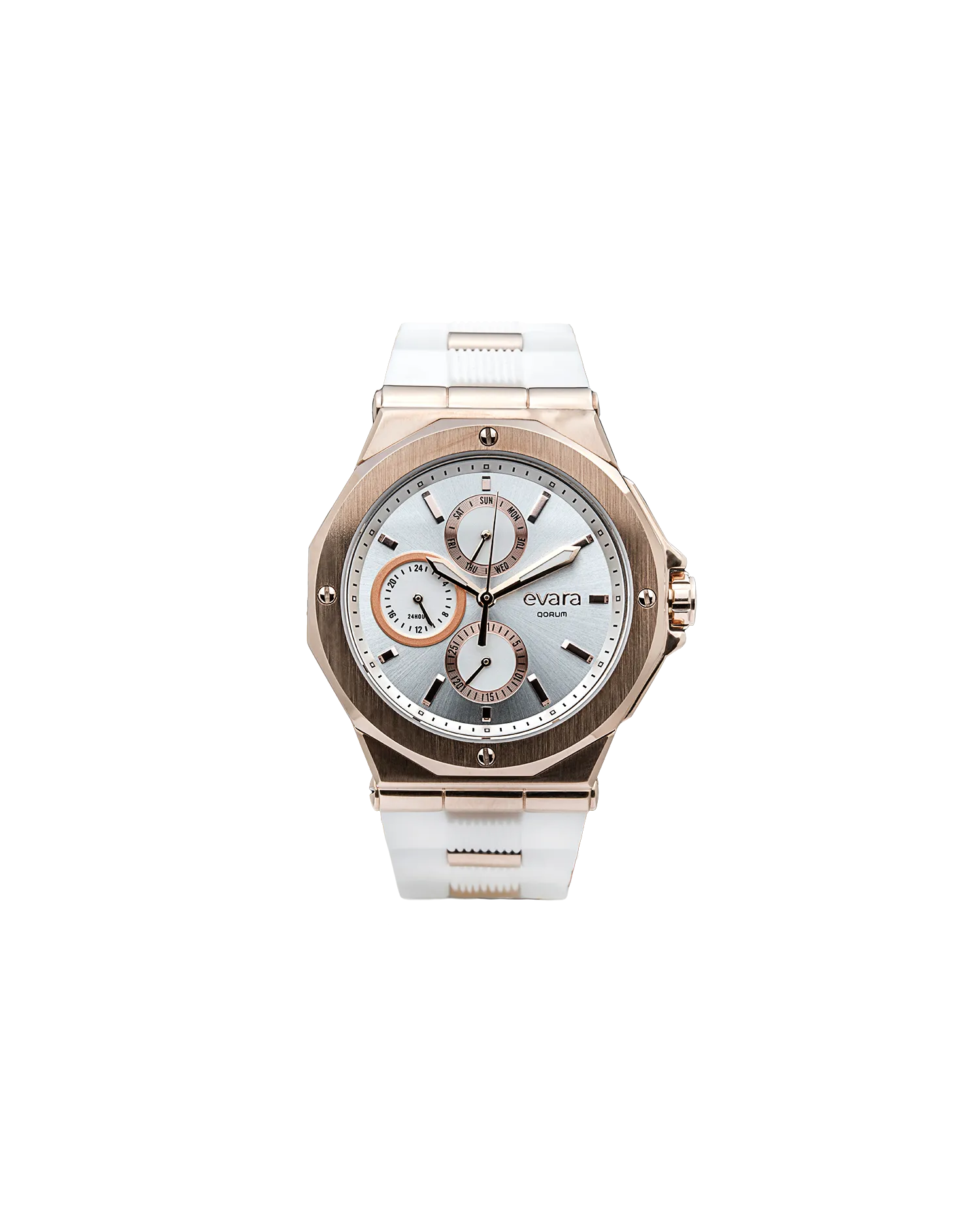 Qorum Evara Ladies Multi-function Watch – White Dial, Gold Plated Stainless Steel Case, White Silicon Strap