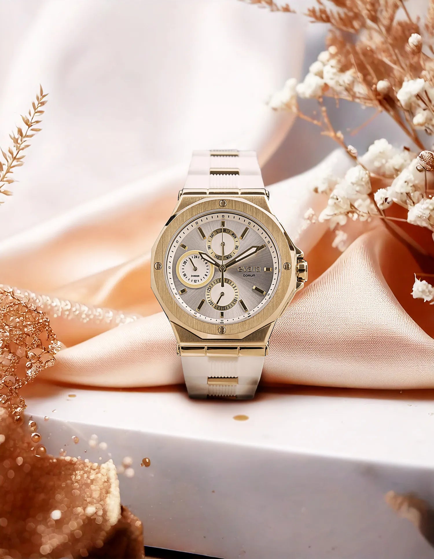 Qorum Evara Ladies Multi-function Watch – White Dial, Gold Plated Stainless Steel Case, White Silicon Strap
